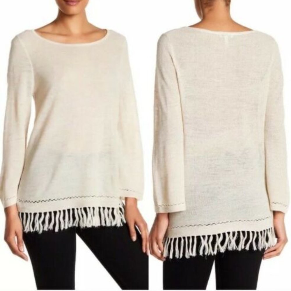Joie Annalie Fringe Trim Heather Linen Blouse Natural Cream S